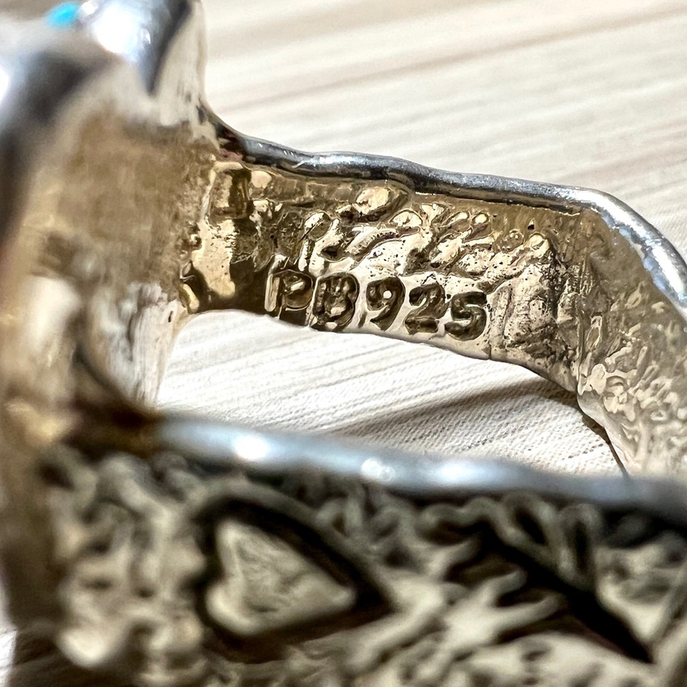 Designer Peyote Bird Square Sterling Silver Turquoise Heart Ring, Size 4.5 - Picture 7 of 10